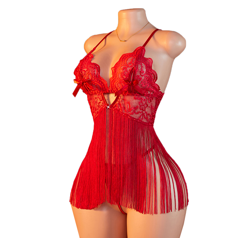 Sewing Nylon - Transparent Lace Women Red Strap Tassel